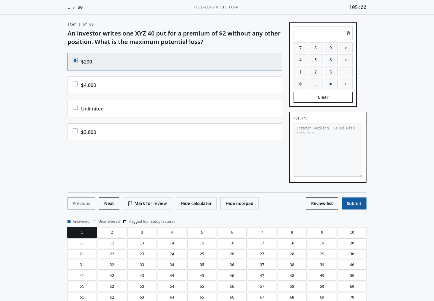 StreetPrimer exam screen with calculator and notepad open